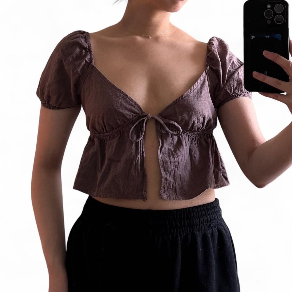 Elegant Brown Puff Sleeve Women's Top